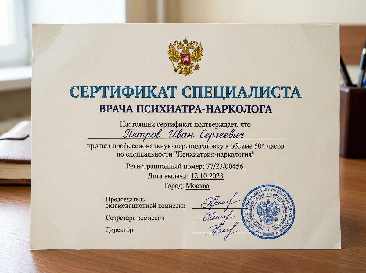 Сертификат специалиста врача психиатра-нарколога, официальный документ с гербом РФ, подписи и печати медицинской организации, профессиональный медицинский сертификат