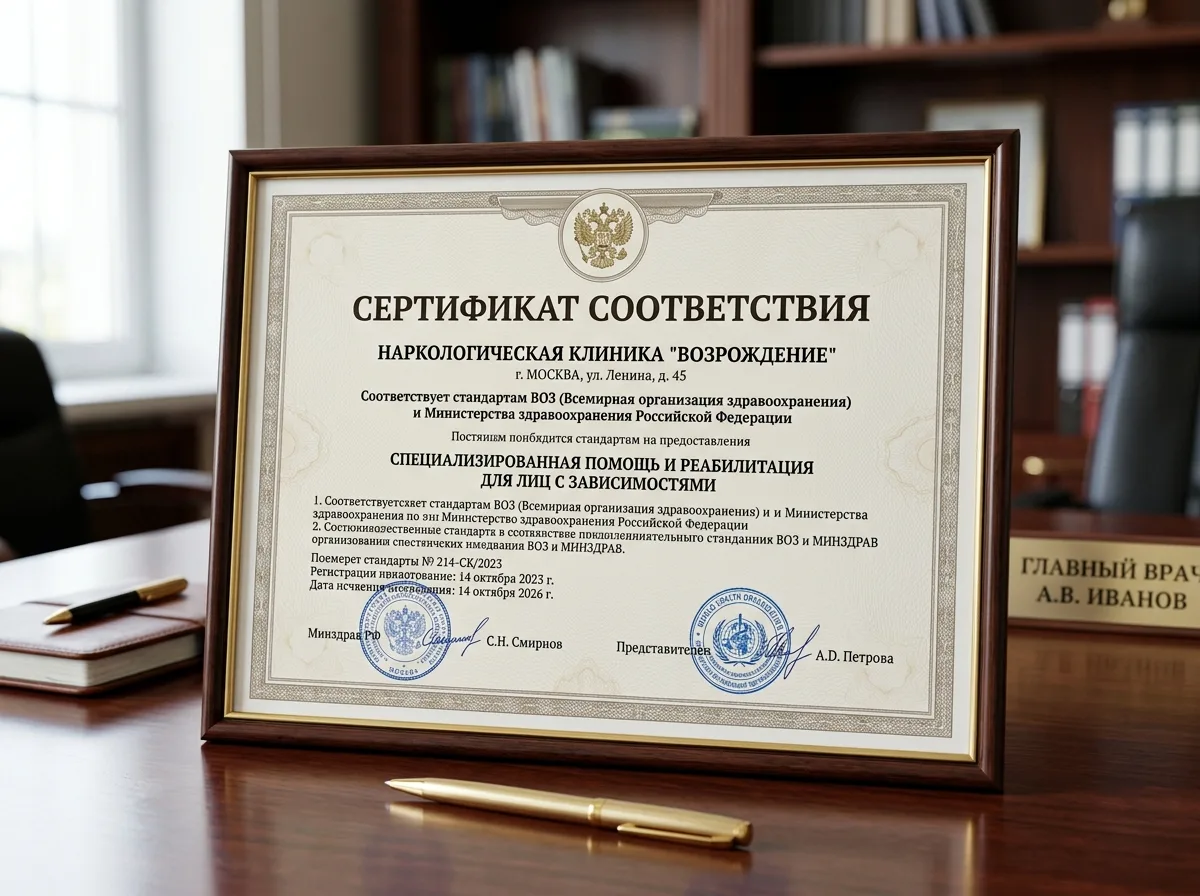 Сертификат соответствия стандартам ВОЗ и Минздрава России для наркологической клиники, официальный документ с печатями организаций здравоохранения