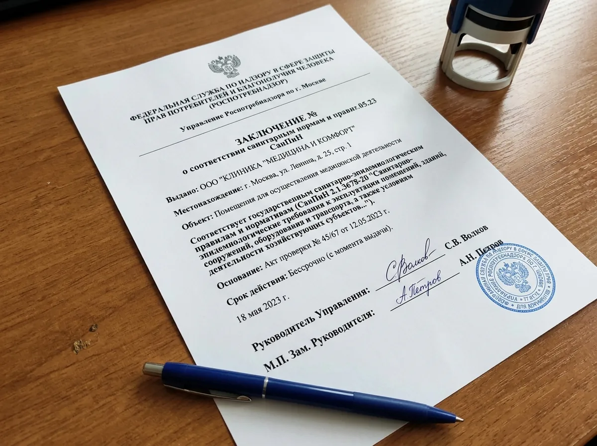 Заключение о соответствии санитарным нормам и правилам СанПиН для медицинской организации, документ Роспотребнадзора с синей печатью и подписями