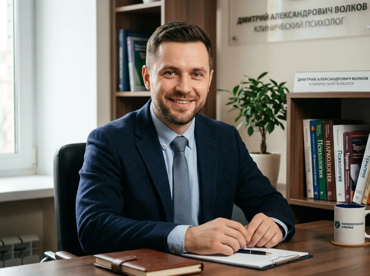Портрет Дмитрия Александровича Волкова — клинического психолога наркологической клиники, мужчина 35 лет в деловом пиджаке, дружелюбный профессиональный облик