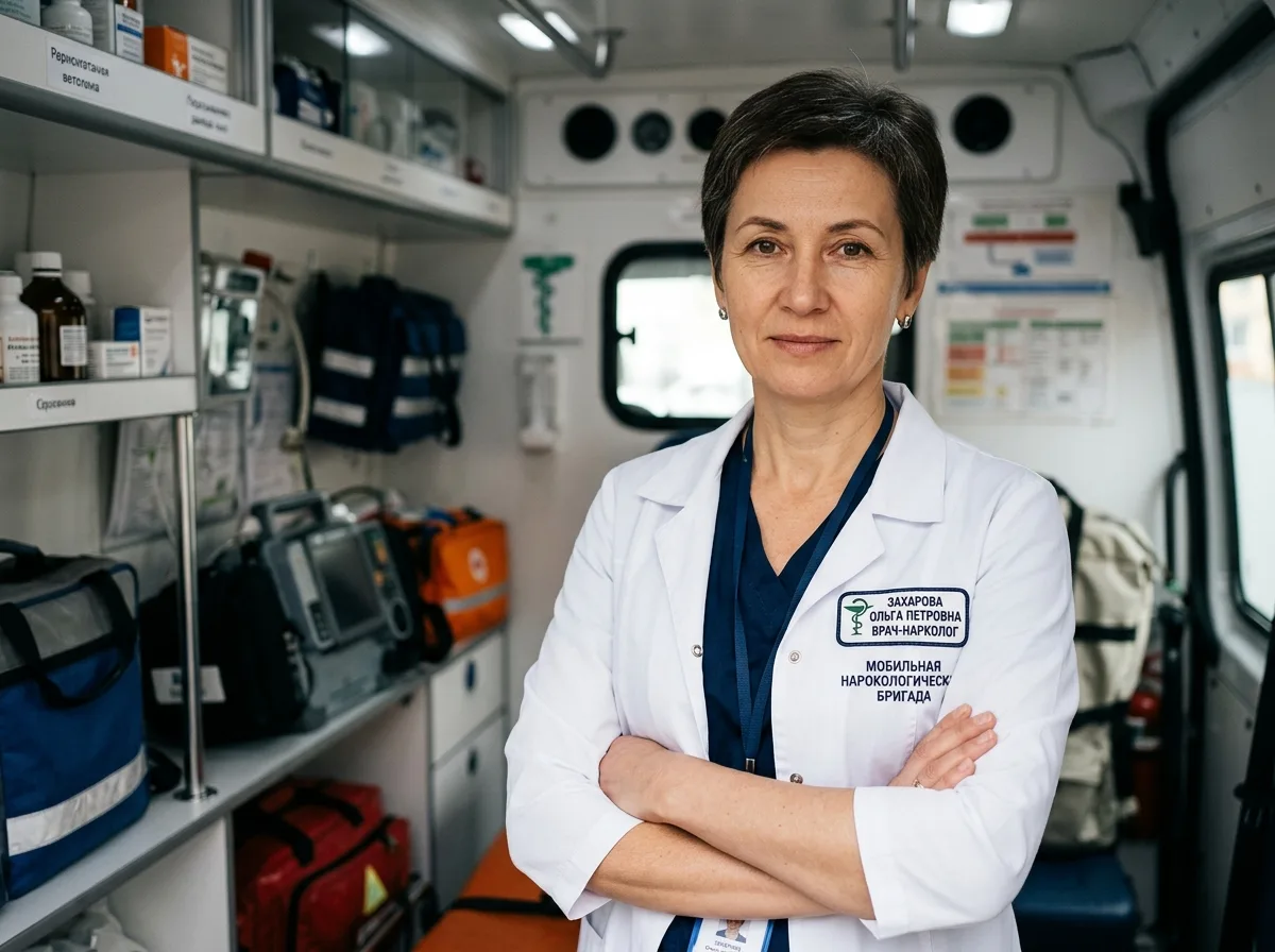 Портрет Ольги Петровны Захаровой — врача мобильной наркологической бригады, женщина 45 лет в белом халате, строгий профессиональный вид, медицинский портрет